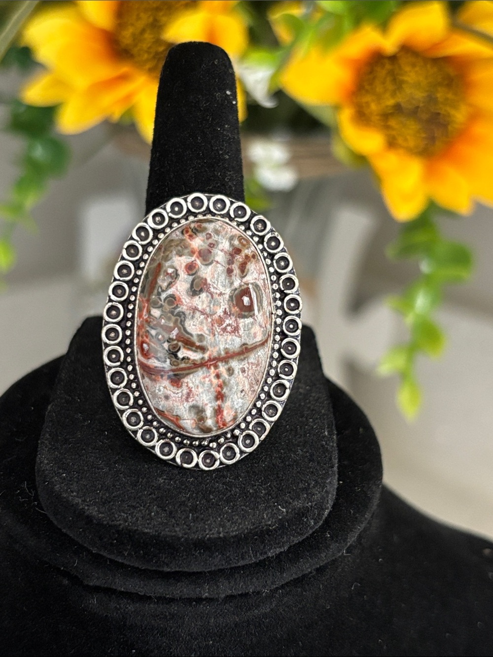 Sterling Silver Leopard Skin Jasper Oval Statement Ring Size 8.5